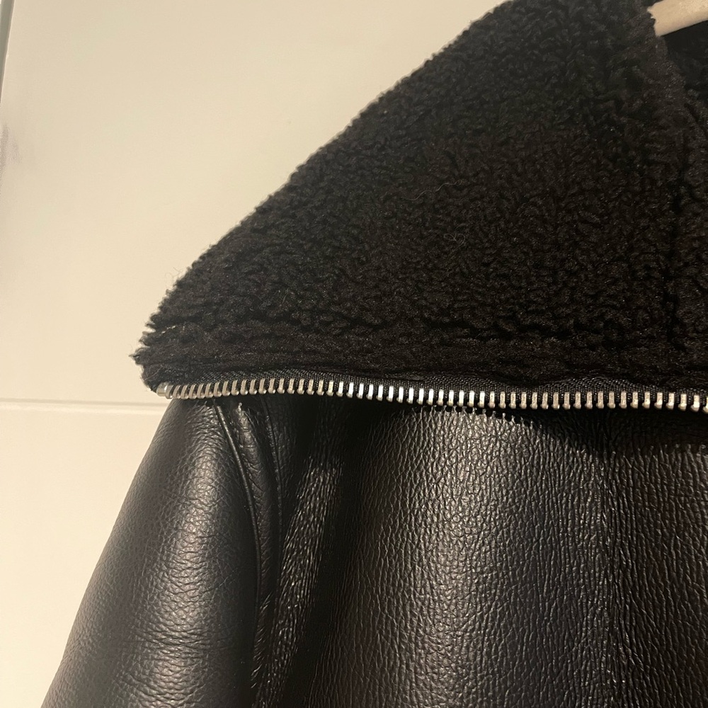 Faux Leather Sherpa-Trim Jacket - Black - Picture 7 of 8